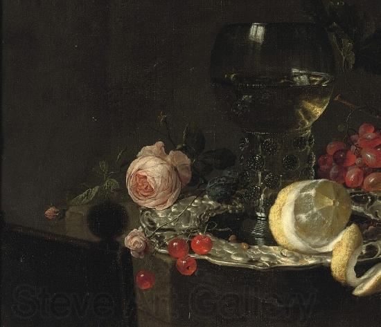 simon luttichuys A 'Roemer' with white wine, a partially peeled lemon, cherries and other fruit on a silver plate with a rose and grapes on a stone ledge France oil painting art